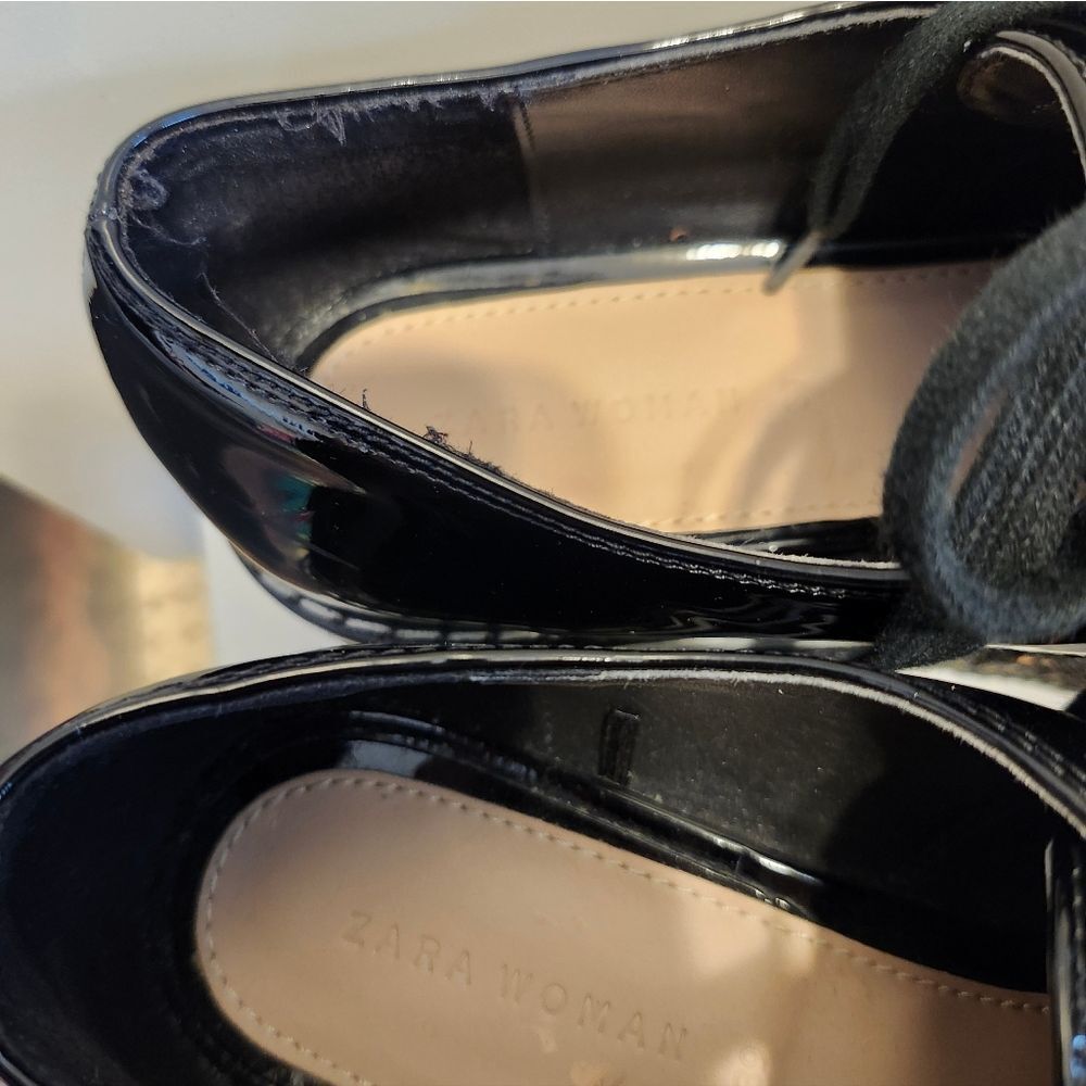 ZARA Black Patent Multi-Stripe Thick Platform Oxford Shoes sz.8/38 - Picture 7 of 9
